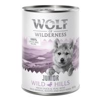 10 + 2 ingyen!  12 x 400 g Wolf of Wilderness - Wild Hills Junior - kacsa & borjú