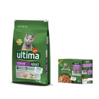 10kg Ultima Cat Sterilized lazac & árpa száraz macskatáp+8x85g Ultima Cat Sterilized nedves macskatápmix (csirke, marha, tonhal, tengeri hal) ingyen