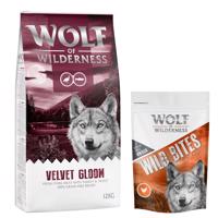 12 kg Wolf of Wilderness "Velvet Gloom" pulyka & pisztráng - gabonamentes száraz kutyatáp+180g Wolf of Wilderness Wild Bites Wide Acres - csirke kutyasnack ingyen