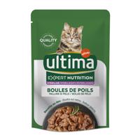 16x75g Ultima Cat Expert Nutrition Hairball marha & lazac nedves macskatáp 3+1 ingyen