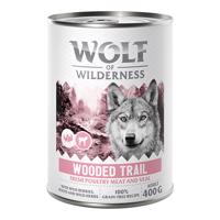 24x400g Wolf of Wilderness rendkívüli kedvezménnyel! nedves kutyatáp - Adult "Expedition" Wooded Trails - Szárnyas borjúval