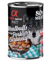 6x400g alpha spirit Dog Meatballs Sertés & kömény nedves kutyatáp 4+2 ingyen