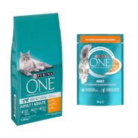 9,75kg PURINA ONE Adult csirke & teljes kiőrlésű gabona száraz macskatáp+13x85g PURINA ONE Adult csirke & zöldbab nedves macskatáp ingyen